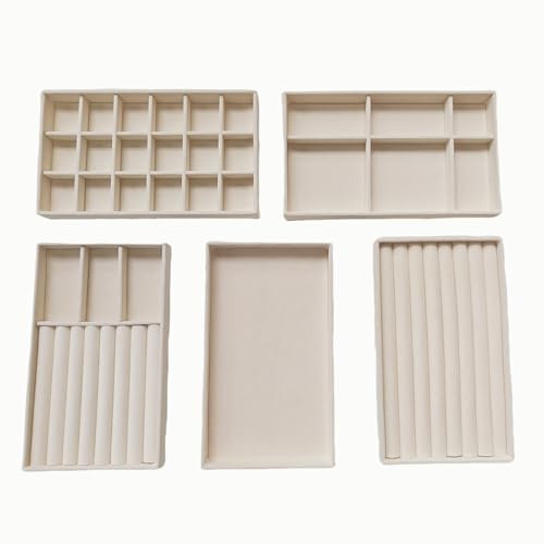 Lilanjumo Jewellery Organiser Tray, Stackable Jewelry Tray Drawer Insert Divided Storage Holder, Earring Organiser for Women Girls Jewellery Storage Display Case for Ring, Necklace 5 Styles(Beige)