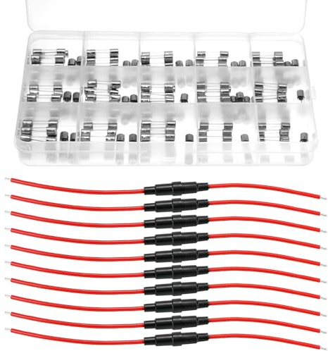 QWORK® 150 pièces 5x20mm 0.1-20A Kit de fusibles en tube de verre, 10 pièces porte-fusible à vis en ligne 5x20mm 16AWG