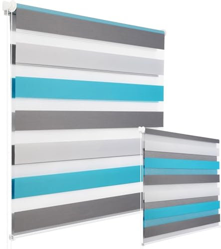 WOLTU 2 Stück Doppelrollo Klemmfix ohne Bohren Duo Rollo Klemmrollo für Fenster mit Klemmträger, Fensterrollo Lichtdurchlässig & Verdunkelnd Wandmontage, Weiß+grau+türkis, 80x150cm (Stoffbreite 76cm)