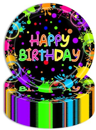 HFBOBP 50 Stück Happy Birthday Pappteller,17,8cm Bunte Glow Pappteller Kindergeburtstag Party Einweg Partyteller Leuchtende Geschirr für Geburtstag, Hochzeit, Abschlussfeier Jubiläums