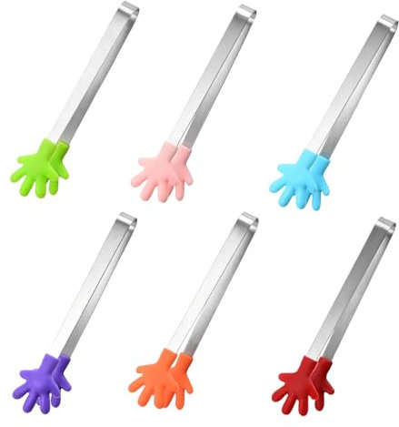 6PCS Mini Tongs - Small Food Tongs - Silicone Stainless Steel - Skid-Proof Hand Shape - Multi-Purpose for BBQ, Salad, Ice, Sweets, Buffet (Multicolor)