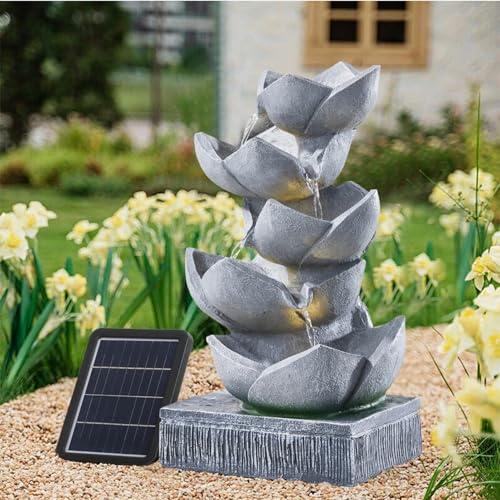 Warmiehomy Solar Water Fountain, 5 Tier Petal Bowl Solar Water Feature 47cm Waterfall with Solar Powered Pump & LED Lights Zen Garden fountains for Outdoor Water Features, Flower Natural Design