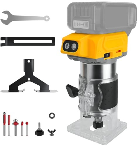 Cordless Compact Router for Dewalt 20V Battery, Brushless Trimmer Router with 5 Variable Speeds, (Tool Only)30000 RPM, 800W Wood Palm Router Tool with 5PCS 1/4 Router Bits, Edge, Roller Guides