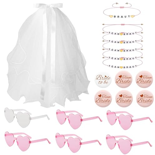 JGA Deko Armband Set,19Pcs Team Braut Armbänder Set mit 6 Team Braut Armbänder,1 Schleier Tiara, 6 Abzeichen, 6 Party Herz Sonnenbrillen, JGA Deko Accessoires Frauen für Junggesellinnenabschied