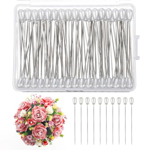 100 Pcs Corsage Pins with Box Boutonniere Pin Teardrop Pearl Sewing Long Straight Wedding Bouguet White Pin for Wedding, Jewelry, Flower DIY Decoration, Quilting and Craft