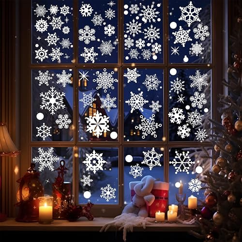 Shyllin 155 Pcs Autocollants de Noël Fenêtre, Flocons de Neige Decoration Noel Fenetre en PVC Statique, Stickers Noel Fenetre Réutilisables, Deco Vitre Noel Amovibles pour Porte Vitrine Verre