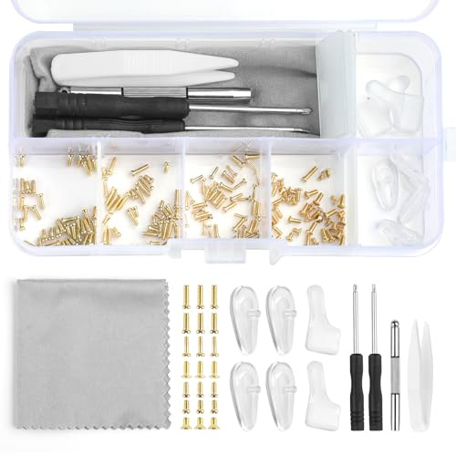 150 PCS Kit D'outils de Réparation de Lunettes, Kit de Vis de Réparation de Lunettes avec Petits écrous à Vis Plaquettes Nasales en Silicone Pince à Épiler Micro Tournevis Chiffon de Nettoyage (Or)