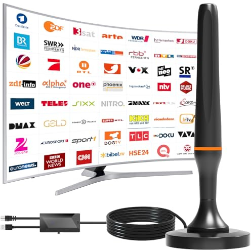 DVBT2 Antenne,zimmerantenne dvb-t2 mit verstärker,Digitale Zimmerantenne für Fernseher,dvbt antenne,unterstützt 4K 108P HD Kanäle,Magnetic Base for Easy Setup