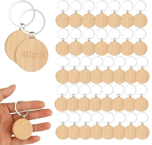 40 Stück Schlüsselanhänger Holz Rohling, Runde Holz Schlüsselringe Blanko Holzanhänger Holzschlüsselanhänger Personalisierte Holzschlüsselringe zum Bemalen Wooden