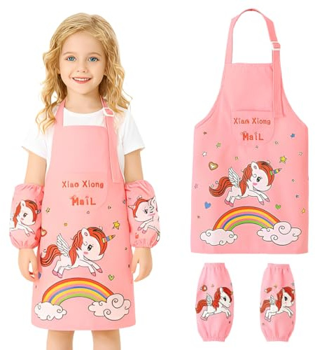 OIXEYA Delantal Infantil Impermeable 3-8 Años Niños y Niñas, Bata Pintura Infantil con Mangas, Babis Escolares para Pintura, Artes, Escuela, Tema Unicornio
