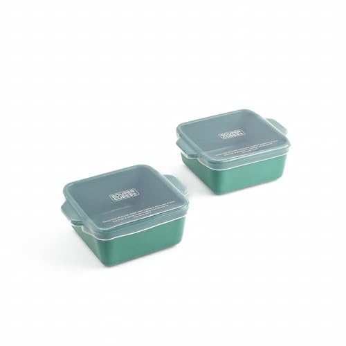 Souper Cubes 5 x 5 Ceramic Dishes With Silicone Lids – Kale - 2-Pack | Small Oven Baking Dish Stoneware, Perfect For Reheating Lasagna, & Individual Portions - Oven, Air Fryer, & Microwave Safe