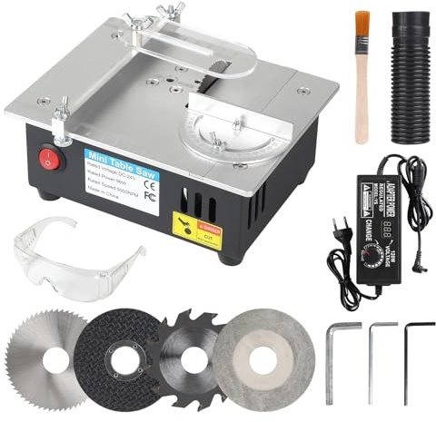 EFUTURETIME 96W Mini Scie Circulaire de Table avec 4 Lames de Scie Circulaire | Alimentation électrique Réglables à l'infini | 0-10 mm de Coupe Réglable | DIY, Découper de Petits Matériaux