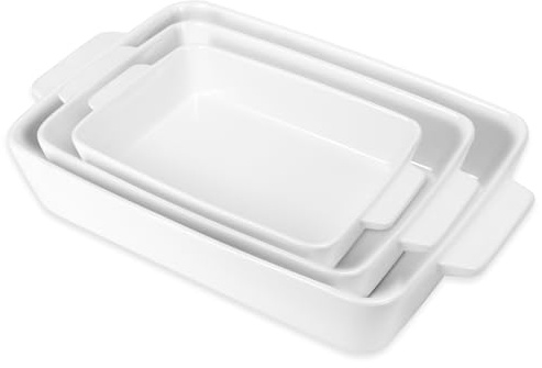 3 Pcs Ceramic Casserole Dishes Set, Rectangular Ceramic Baking Dishes Set with Handles, White Deep Lasagna Pan, Porcelain Baking Pan Set for Cooking Roasting Oven (2.2L/ 1.4L/ 1.3L)