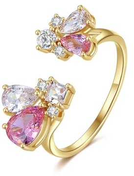 Ayoiow Ringe in Gold 585, Offen Rosa Blume Rosa Kristall Moissanit Ringe Hochzeit Gold 585, 14K Gelbgold