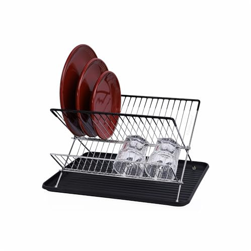 Buckingham 2 Tier Dish Drainer Folding Chrome Rack with Drip Tray for Kitchen Countertop Plates Cups Cutlery Drying Rack 36 cm