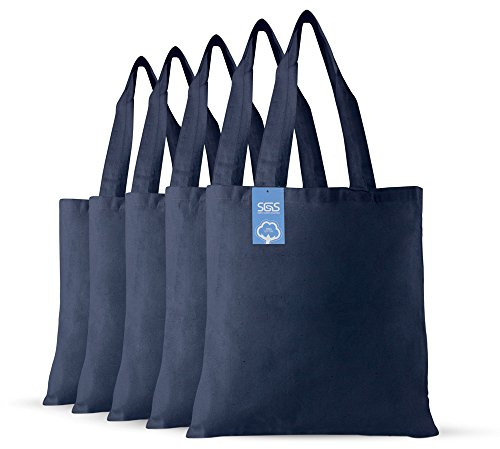 Simply Green Solutions Reusable Cotton Cloth Grocery Craft Bag, 15 x 16 Reusable Tote with Handle, Pack of 5, Navy Blue