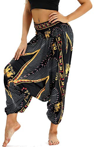 Nuofengkudu Dam haremsbyxor, hippie, säckiga, boho-mönstrade, high waist, smocked waist, low crotch, lounge wide, byxor för yoga, sommar, strand