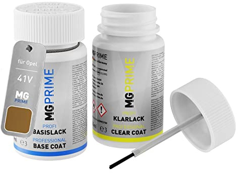 MG PRIME Autolack Lackstift für Opel 41V / H06 Soft Bronze Metallic +1K | Bronze Braun, Set aus Basislack + Klarlack, Lackfläschchen mit Pinsel, je 50ml