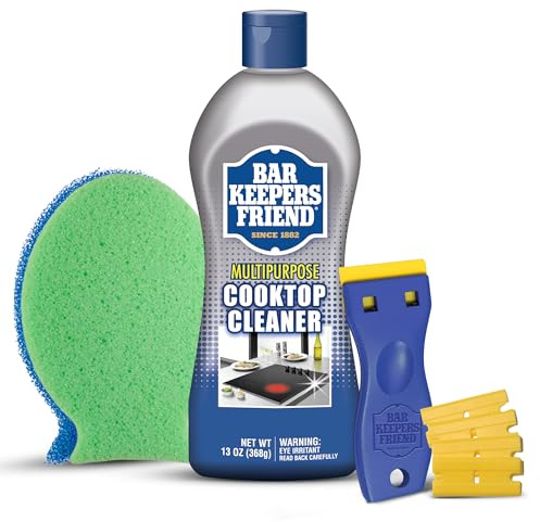 Bar Keepers Friend Cooktop Cleaner + Scraper + Dish Fish - Multipurpose Liquid Stovetop Cleanser, Safe for Use on Glass or Ceramic Cooking Surfaces, Copper, Brass, Chrome, Stainless Steel & Porcelain