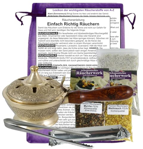 Räuchergefäß Weihrauchbrenner 8-TLG Starter-Set mit Räucherzubehör + WEIHRAUCH & MYRRE. Messing Räucherpfanne mit Räucherwerk, Räucherkohle, Räucheranleitung. 82000-M5