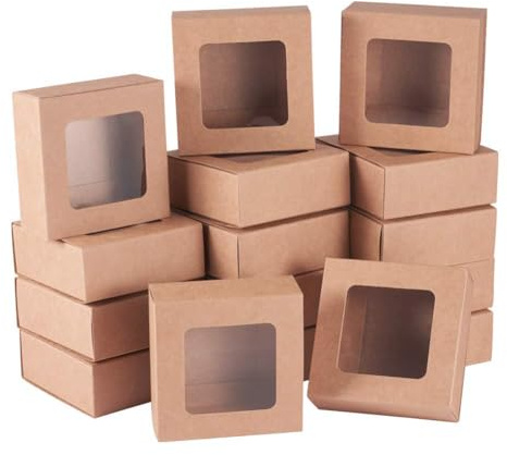 BENECREAT 24 Packungen Quadratische Kraftpapier Schubladenboxen mit Fenster 8 x 8 x 3 cm Papier Geschenkboxen für die Aufbewahrung von Bäckereipartys