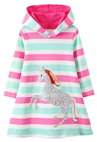 JinBei Mädchen Kapuzenkleid Langarm Kapuzenpullover Baumwolle Pullover Hoodie Sweatshirt Kleid Freizeit Tops Herbst Winter Kinder 2 3 4 5 6 7 Jahre