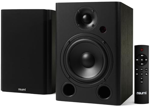 NEUMITECH NEUMI BS5P-ARC 75-Watt Powered Bookshelf Speakers, Bluetooth, HDMI, USB, Optical, Coaxial, Remote Control, 5-Inch Woofer, 1-Inch Tweeter, Dark Wood, 1 Pair