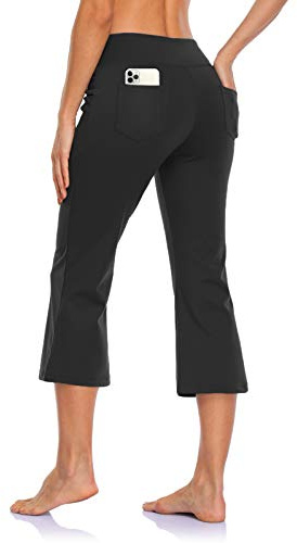 MOVE BEYOND Pantalones Piratas de Yoga Bootcut para Mujer con 4 Bolsillos Pantalón Corte de Bota de Cintura Alta para Vestir Pilates Fitness Entrenamiento, Capris, Negro, M