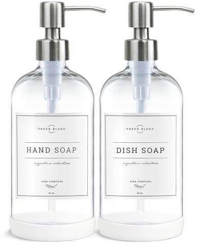 Vine Creations Clear Glass Soap Dispenser, 2 Pack Kitchen Soap Dispenser Set with Stainless Steel Pump, 16 oz Hand Soap or Dish Soap for Bathroom or Kitchen with Waterproof Labels