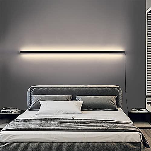 Up Down Wandleuchte Innen LED Dimmbar Wandlampen mit Schalter und Kabel Lange Lichtleiste Schwarz Nachttischlampe, Modern Streifen Leselampe Schlafzimmer Wohnzimmer Treppen Wandbeleuchtung,120cm 72w