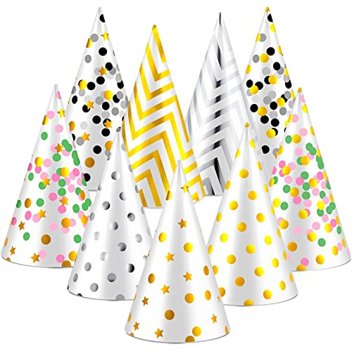 Geyoga 20 Pcs Party Cone Hats Bulk DIY Birthday Assorted Paper Cone Hats Gold Polka Dot Paper with String for Funny Kids and Adults Birthday Bridal Baby Shower Decorations, 9 Styles