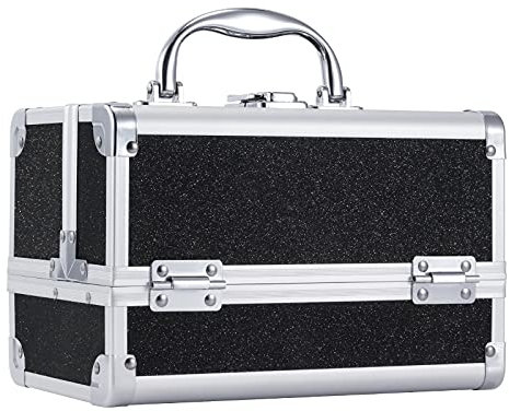 Maletín Maquillaje Cosméticos Estuche Maquillaje con Espejo y Bandeja de Joyería Maleta de Makeup Case Organizador Estuche de Uñas Joyero y Manicura Beauty Case Viaje para Niña Profesional, Negro