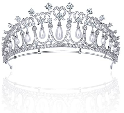 Cambridge Lover's Knot Tiara – Königliche Perlen-Diadem Replik im europäischen Stil | Hochzeits-Tiara mit Kristall & Zirkonia-Steinen | Medium Größe für Braut, Prinzessin & elegante Abendevents | Muschelperlen, CZ Kupfer, rhodiniert, königliche Brautkrone, Mikro-Pavé-Set, Anti-Fade-Beschichtung