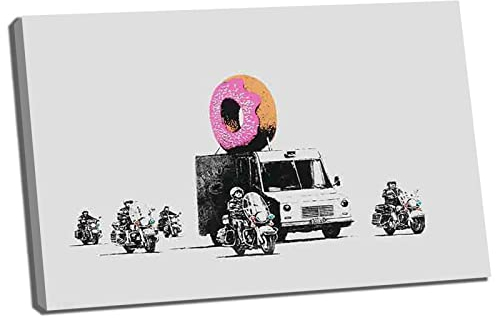 Lasite Banksy《Ciambella Polizia》Stampe e Quadri su Tela Tela Decorativa Per Soggiorno o Stanza da letto Pronto Da Appendere Su Una Spessa Cornice Di Legno（55x83cm） 22x33inch,Cornice