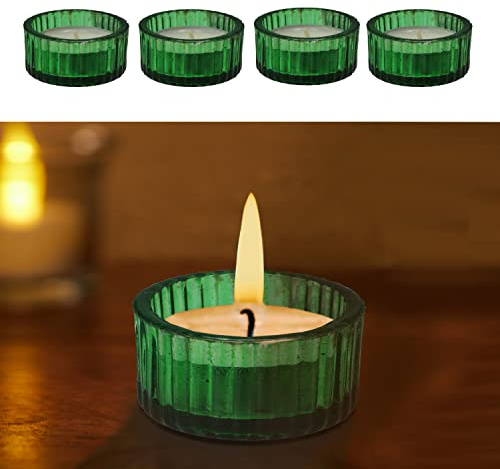 Teelichthalter 4er Set Rillendesign │ Glas grün Ø5x3cm │ Glasgefäß für Teelicht Kerze│ Tischdekoration Adventsdeko (1 x 4er Set Teelichthalter grün)