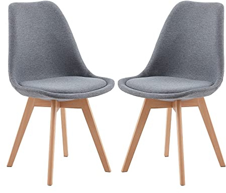 EGGREE Esszimmerstühle 2er Set Leinen Grau, Buchenholzbeine | weich Gepolsterte Sitzfläche, Belastbarkeit bis 120 kg, Retro Design, Ideal für Esszimmer, Küche und Wohnraum