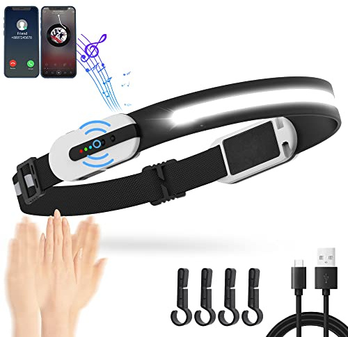 DARKBEAM Torcia Frontale per corsa LED Lampada da testa USB-C ricaricabile Luce luminosa COB 230° ampia con sensore di movimento, telefono/connessione musicale – Leggero per il campeggio, riparazione