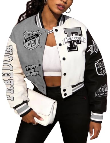 Flygo Women's Cropped Varsity Jacket Long Sleeve Colorblock Baseball Jacket Fashion Streetwear(Grey-XL)