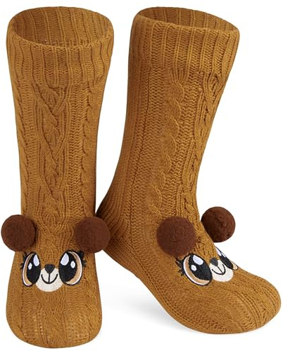 CityComfort Calze a Pantofola da Donna, Calzini Antiscivolo Donna in Caldo Pile, Calzettoni Invernali da Casa, Calze Natalizie Animali Divertenti Taglia Unica (Marrone Orso)