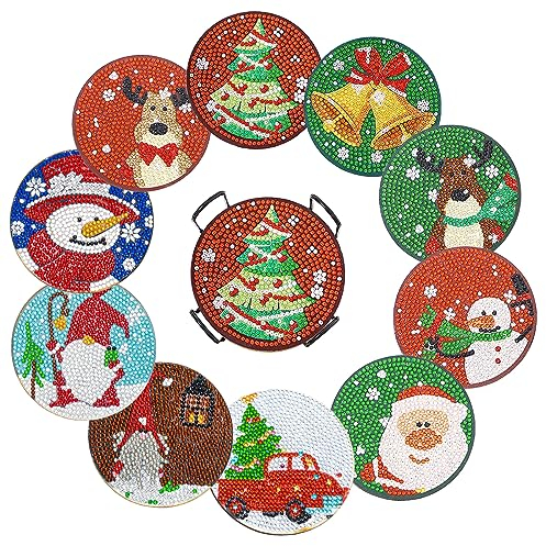 10 Stk Diamond Painting Untersetzer mit Halter, Diamond Art Painting Weihnachten, Diamant-Malsets, DIY Weihnachten Untersetzer, Acryl Kunsthandwerk Untersetzer für Anfänger, Erwachsene & Kinder