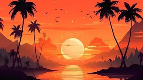 adrium Acryl-Bild 110 x 60 cm: Tropische Insel mit Palmen und Sonnenuntergang. Vektorillustration. (205042163)