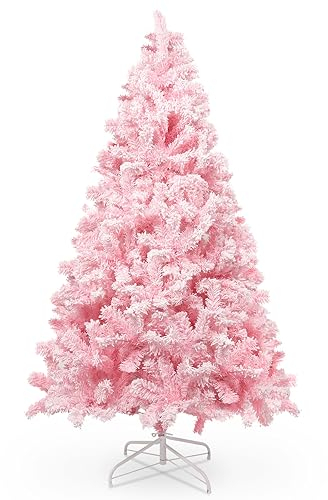 himaly 210 cm/7 ft Weihnachtsbaum Beflockt Rosa mit praller Flocked Dekoration with Schneeflocken, 1200 Spitzen Kiefernblattblätter aus PVC und Stabile Basis, Christbaum für Weihnachtsdekoratione
