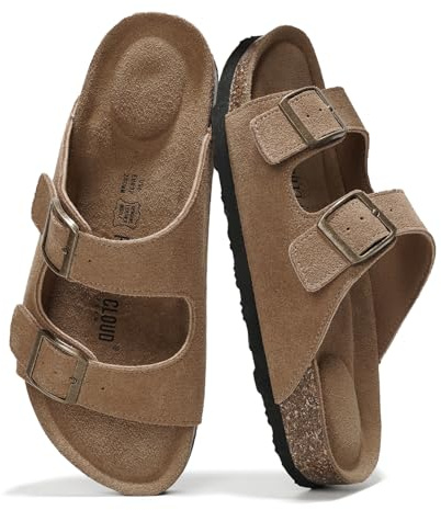 Project Cloud 100% Genuine Leather Flat Sandals For Women 2026 Cork Footbed Womens Sandals with Memory Foam and arch support Vacation Essentials Slides for Women Footwear (Venita, Chestnut, 10)