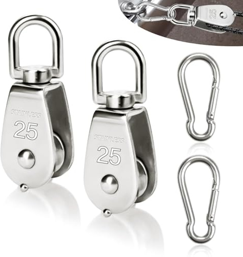 SWTYExt 4 stycken flaskdrags-set innehåller 2 stycken remskiva M25 och 2 stycken karbinhakar M6, remhjul för rep rostfritt stål reprulle lastkapacitet 150 kg för markis fitness vinsch