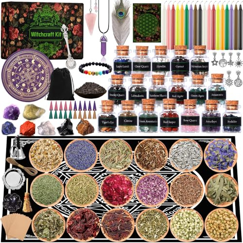 ZZXLOPEZ Witchcraft Starter Kit, Hexen Zubehör mit Kerzen, Trockenblumen, Amethyst Pendel, Kristalle, Holztafeln, Pergamentpapier, Getrommelte Edelstein-Kristallchips für Chimes,Magie,Hexerei,Rituale