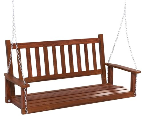 KOMFOTTEU Hängbänk av poppelträ, 2-3-sitsig gungbänk med justerbara metallkedjor, hängstol med ryggstöd av lameller, hollywoodgunga för trädgård (brun, 136 x 67 x 63 cm)