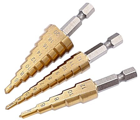 Aiweijia Step Drill Bit Set 3 Piece Set 3-12mm/4-20mm/4-12mm Titanium Coated HSS Hex Shank Pagoda Drill for Drilling on Hard Metal, Stainless Steel, Cast Iron