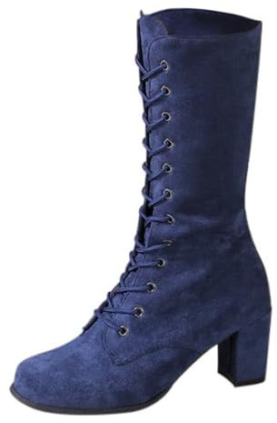 liaddkv Stivali alti al ginocchio da donna con lacci, stivaletti con tacco a blocco, a mezza altezza, in pelle scamosciata, con punta tonda, antiscivolo, Blu, 36 EU