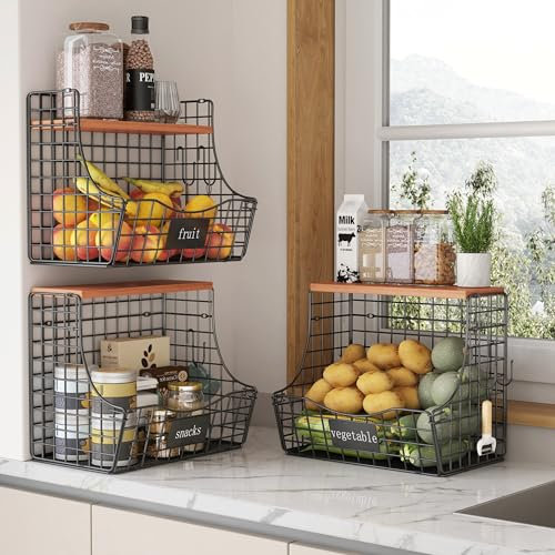 UMDONX 3 Piezas Fruteros de Cocina Metálica Cesta de Fruta de Pared Organizador de Frutas y Verduras con Tapa(Negro,29x19x27cm)