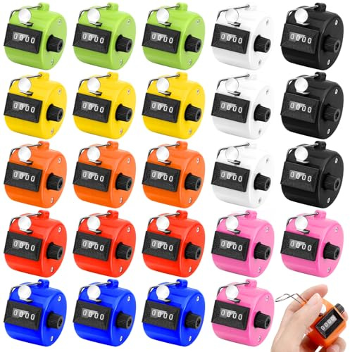 Draupnir 24Pcs Handheld Tally Counter, Metal Pitch Counter Hand Mechanical Counters Clickers for School Event, 8 Colors Counting Numbers for Coaching, Fishing, People, Golf Lap, Stadiumand Sport Row